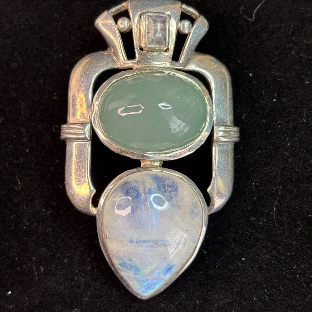 Silver Pendant with Green and Rainbow Moonstone